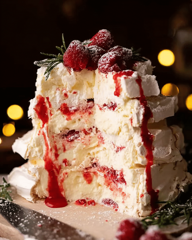 Pavlova Christmas Tree Recipe 6 Sliced Pavlova Christmas Tree showing meringue layers, cream, and raspberry sauce