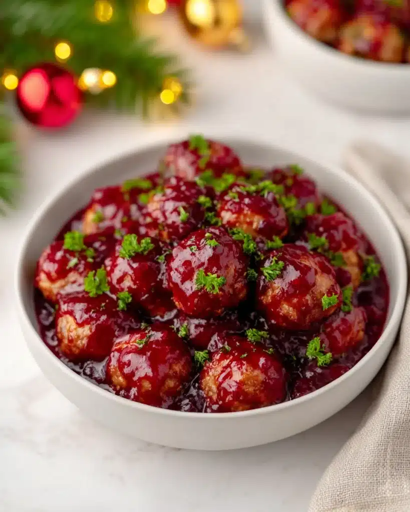 Quick Cranberry Meatballs (Christmas Recipe) 1 Quick cranberry meatballs in a white bowl topped with parsley for Christmas dinner