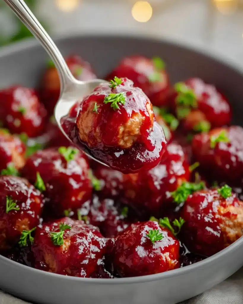 Quick Cranberry Meatballs (Christmas Recipe) 2 Quick cranberry meatballs coated in glossy red cranberry sauce lifted with a spoon