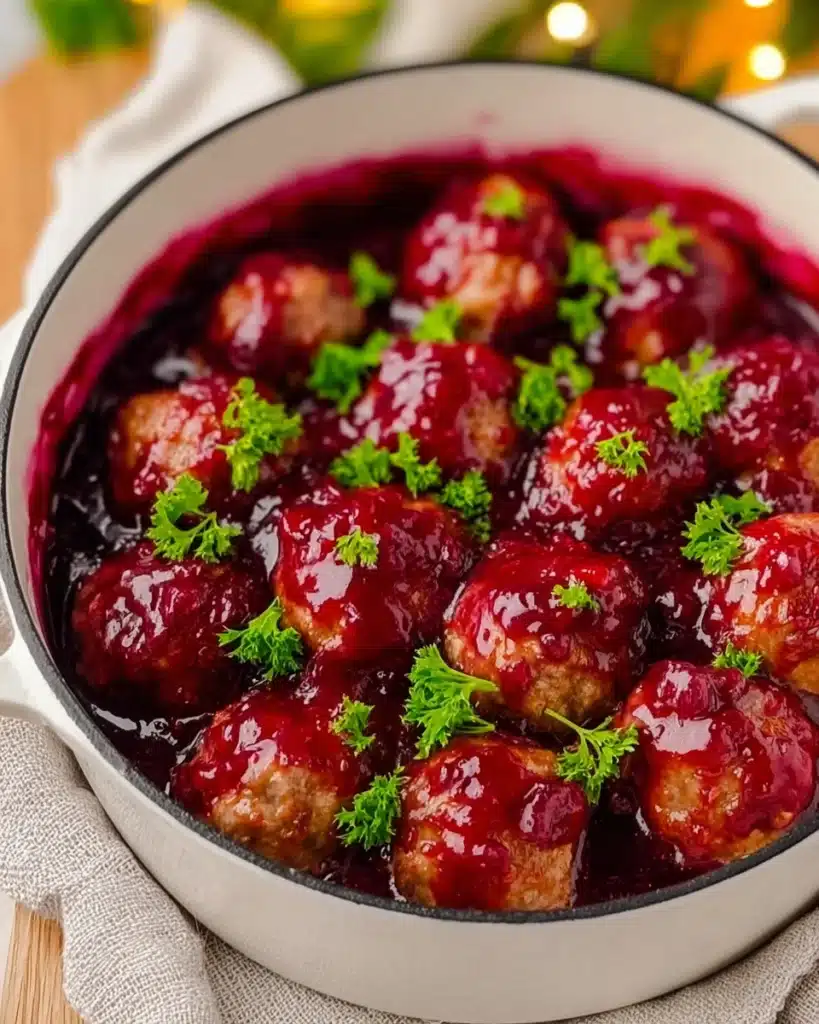 Quick Cranberry Meatballs (Christmas Recipe) 3 Quick cranberry meatballs simmered in cranberry sauce and topped with parsley