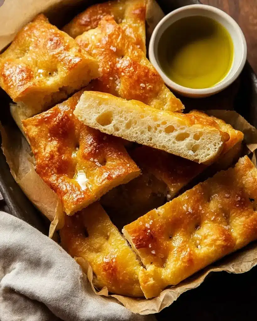 Quick and Dirty Focaccia 1 Quick and Dirty Focaccia slices with olive oil dip in rustic parchment tray