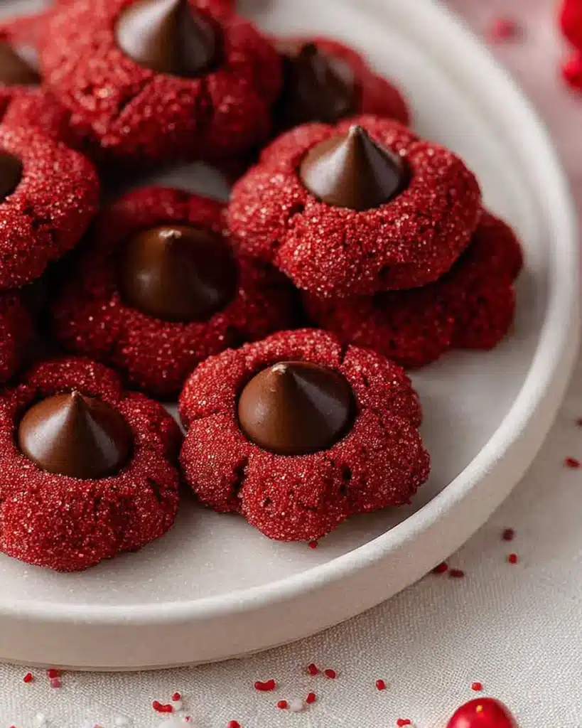 Red Velvet Blossoms Cookies – Soft, Sweet, and Perfectly Festive 1 Red Velvet Blossoms Cookies with chocolate kisses on a white plate