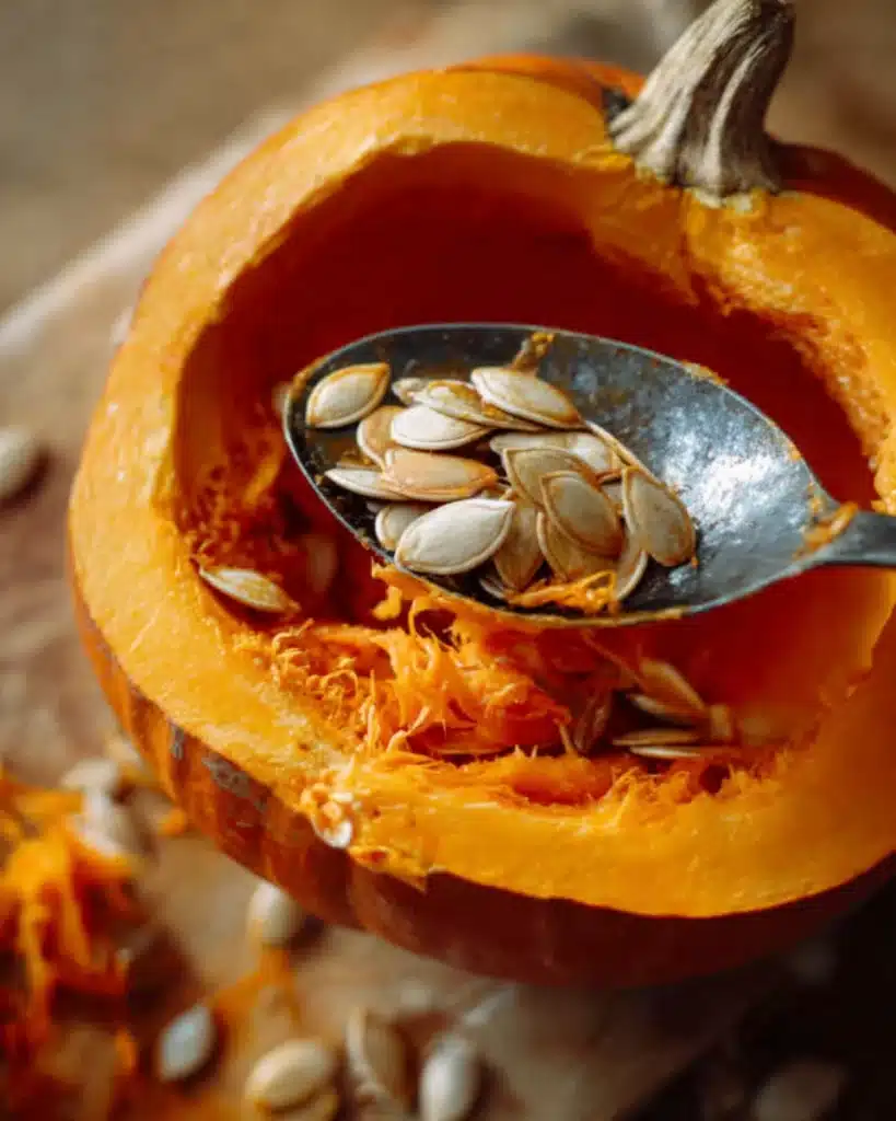 Roasted Pumpkin Seeds Recipe 2 Scooping raw pumpkin seeds from a fresh pumpkin with a spoon