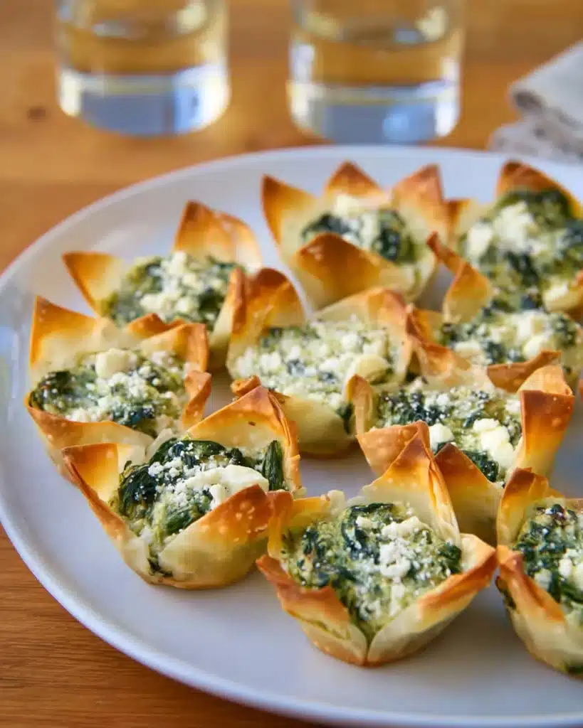 Spinach and Artichoke Wonton Cups 1 Spinach and artichoke wonton cups on white plate with golden crispy edges
