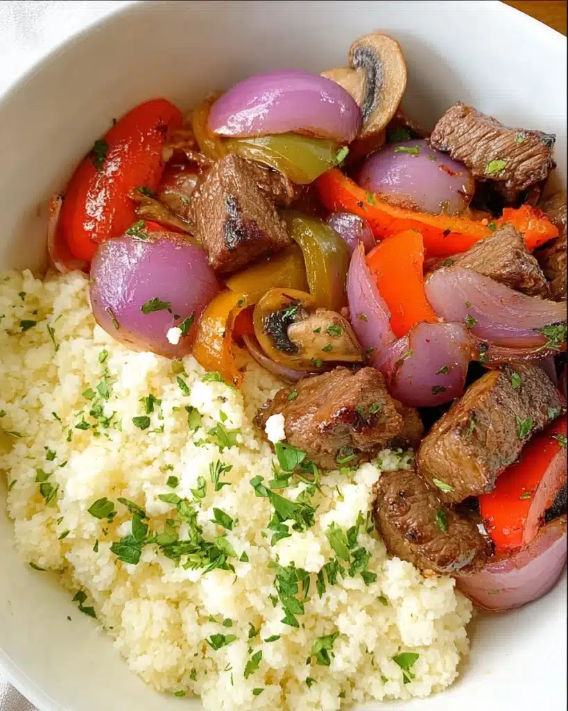 Sheet Pan Beef Kebabs – Easy, Juicy, and Flavorful Dinner 7 Sheet pan beef kebabs served with cauliflower rice and herbs