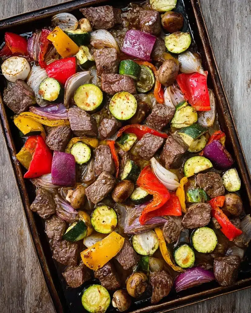 Sheet Pan Beef Kebabs – Easy, Juicy, and Flavorful Dinner 1 Sheet pan beef kebabs with roasted vegetables in savory marinade