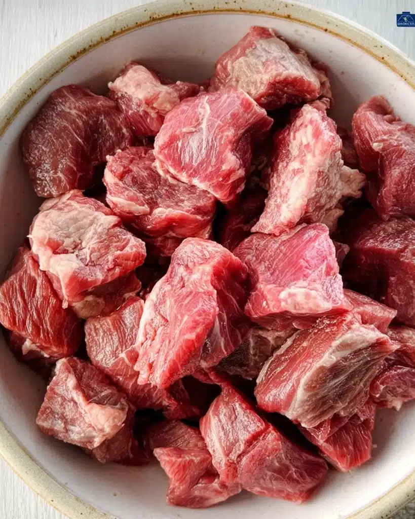 Sheet Pan Beef Kebabs – Easy, Juicy, and Flavorful Dinner 5 Raw beef sirloin cubes in a bowl for sheet pan beef kebabs
