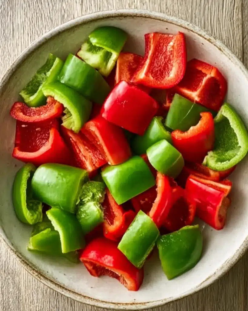 Sheet Pan Beef Kebabs – Easy, Juicy, and Flavorful Dinner 3 Fresh red and green bell peppers in a bowl for sheet pan beef kebabs