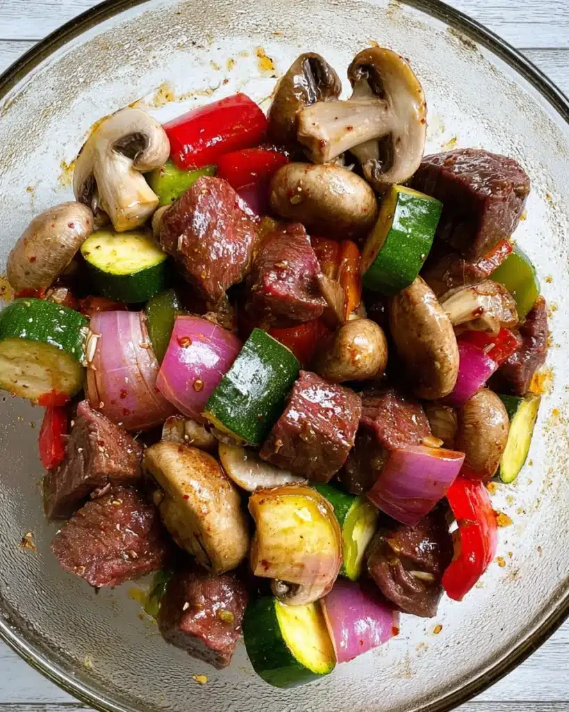 Sheet Pan Beef Kebabs – Easy, Juicy, and Flavorful Dinner 6 Beef cubes and vegetables marinated in a glass bowl for sheet pan beef kebabs