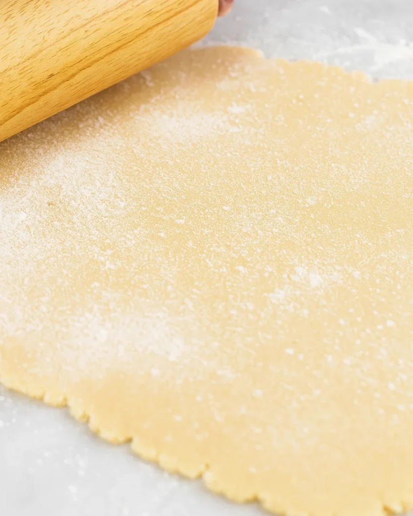 Rolling out shortbread cookie dough on floured surface