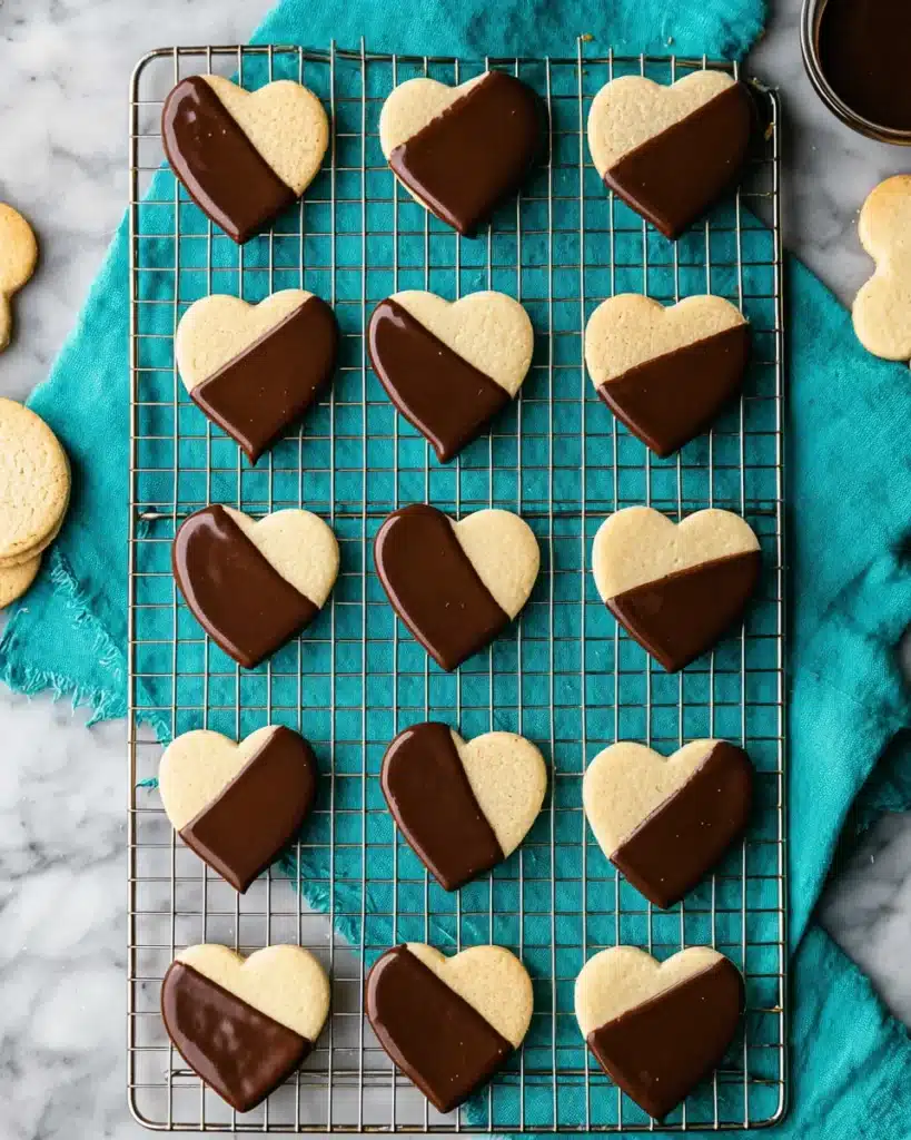 Chocolate-dipped heart shortbread cookies cooling on wire rack