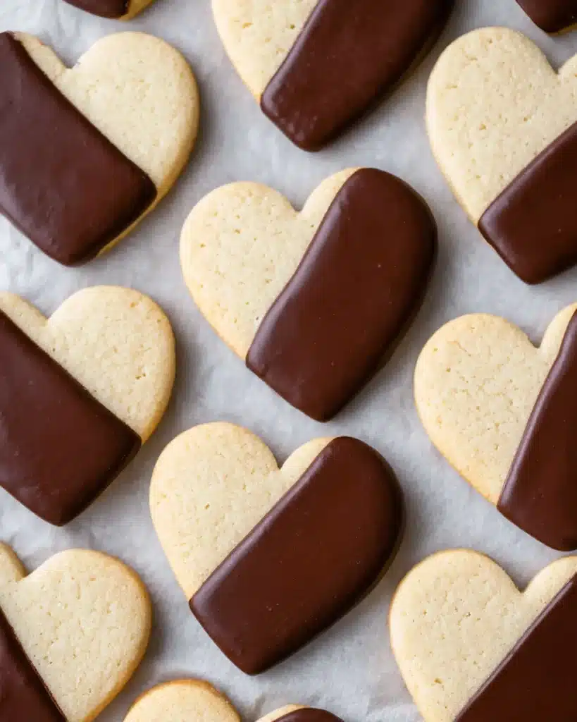 Heart-shaped shortbread cookies dipped in chocolate on a white surface
