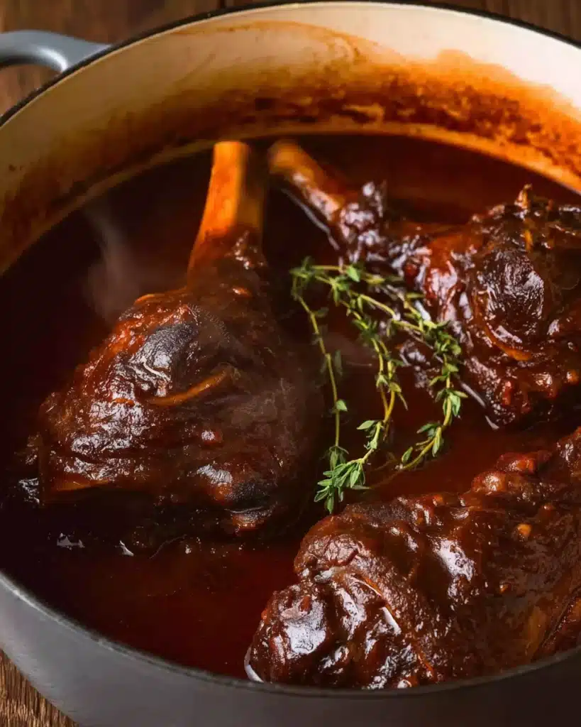 Slow Cooked Lamb Shanks in Red Wine Sauce 4 Braised slow cooked lamb shanks in red wine sauce with thyme in a pot
