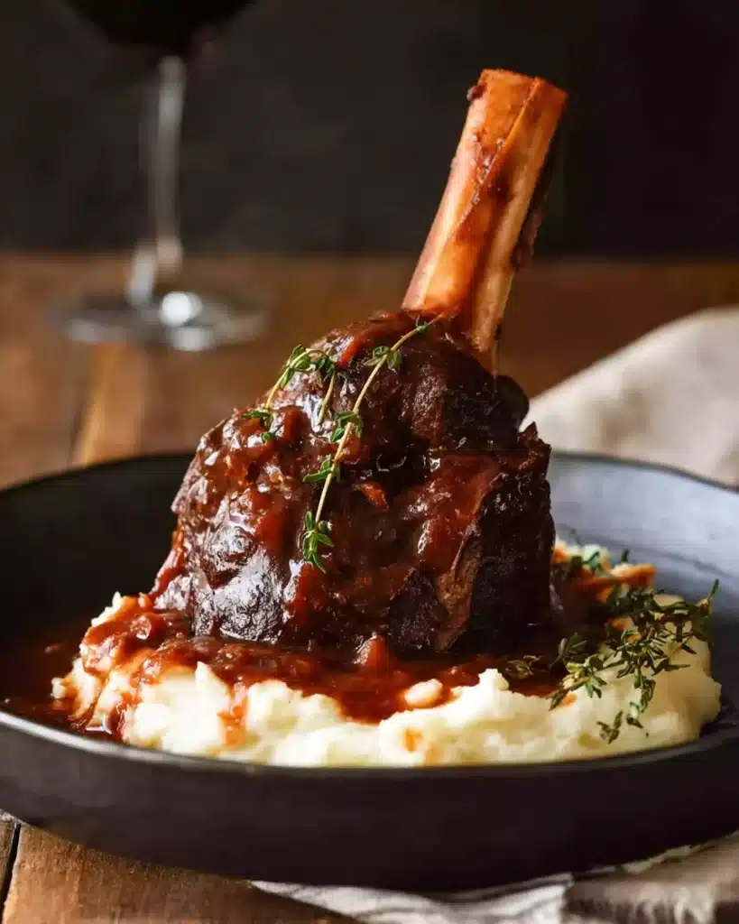 Slow Cooked Lamb Shanks in Red Wine Sauce 1 Slow cooked lamb shank in red wine sauce served over creamy mashed potatoes