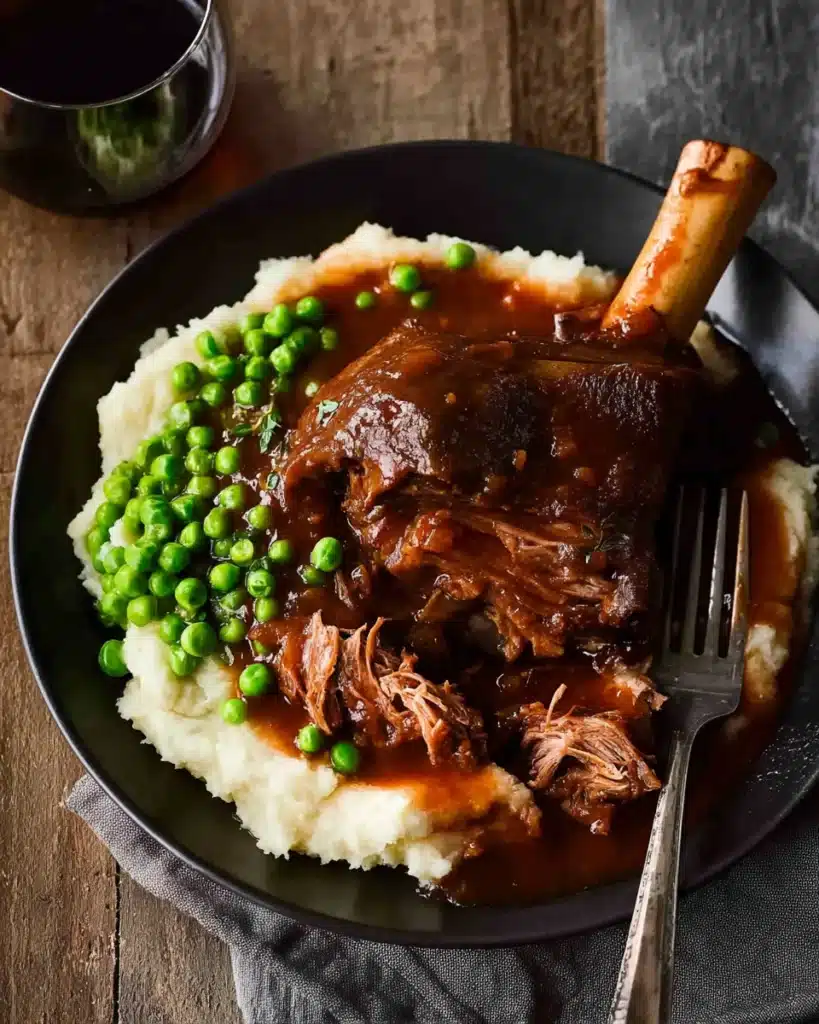 Slow Cooked Lamb Shanks in Red Wine Sauce 5 Slow cooked lamb shank with red wine sauce served with mashed potatoes and peas