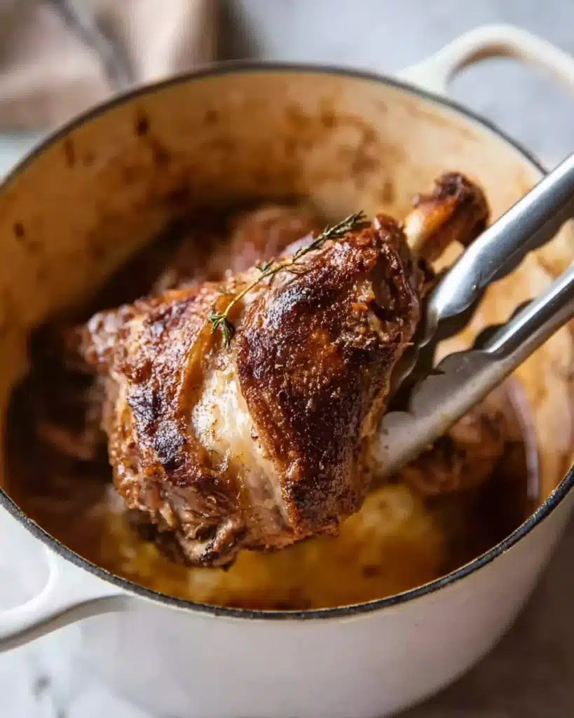 Slow Cooked Lamb Shanks in Red Wine Sauce 3 Searing lamb shank in a Dutch oven for slow cooked lamb recipe