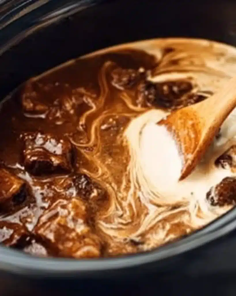 Slow Cooker Beef Stroganoff Stew 4 Stirring sour cream into beef stroganoff stew in a pot