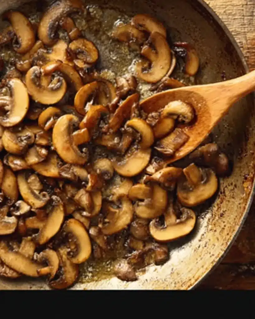 Slow Cooker Beef Stroganoff Stew 3 Golden sautéed mushrooms in a skillet for beef stroganoff stew