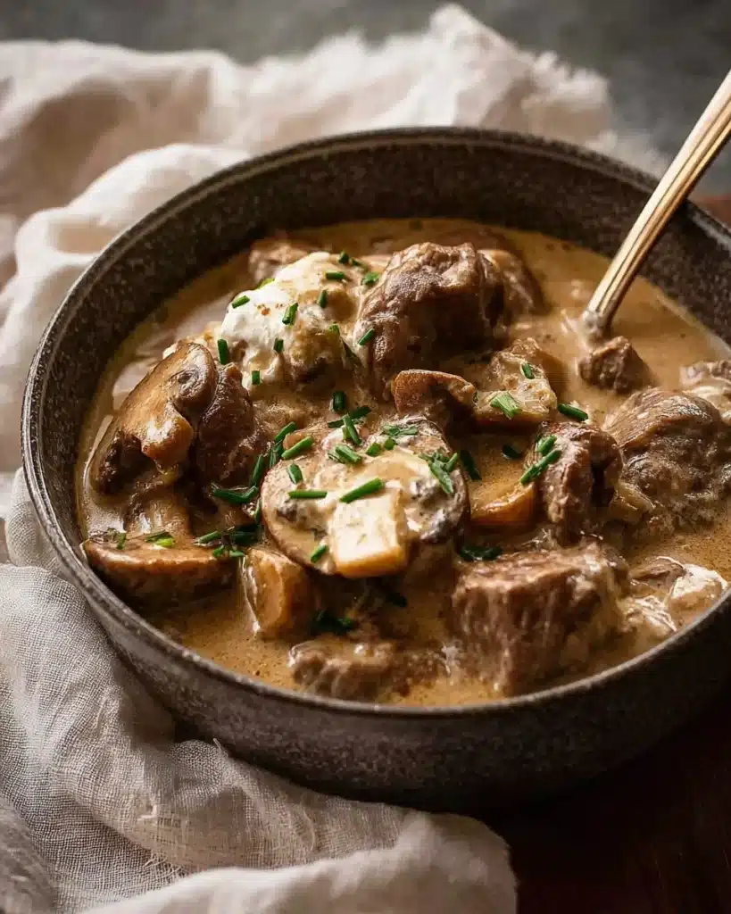 Slow Cooker Beef Stroganoff Stew 1 Slow cooker beef stroganoff stew in a rustic bowl with mushrooms and creamy sauce