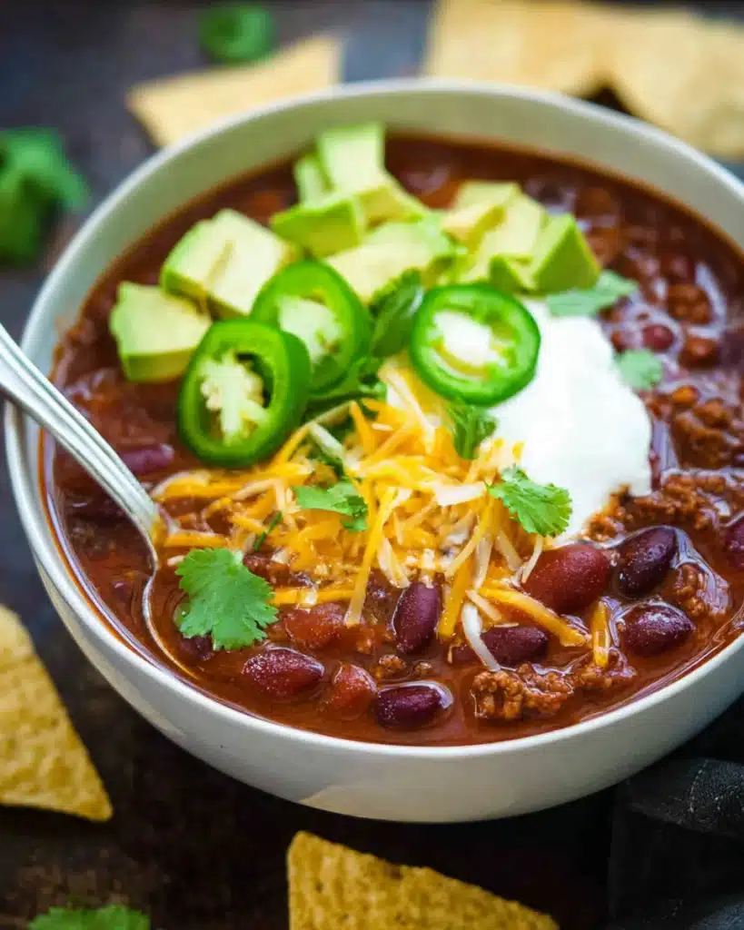 Bowl of slow cooker chili topped with avocado, cheese, sour cream, and jalapeños