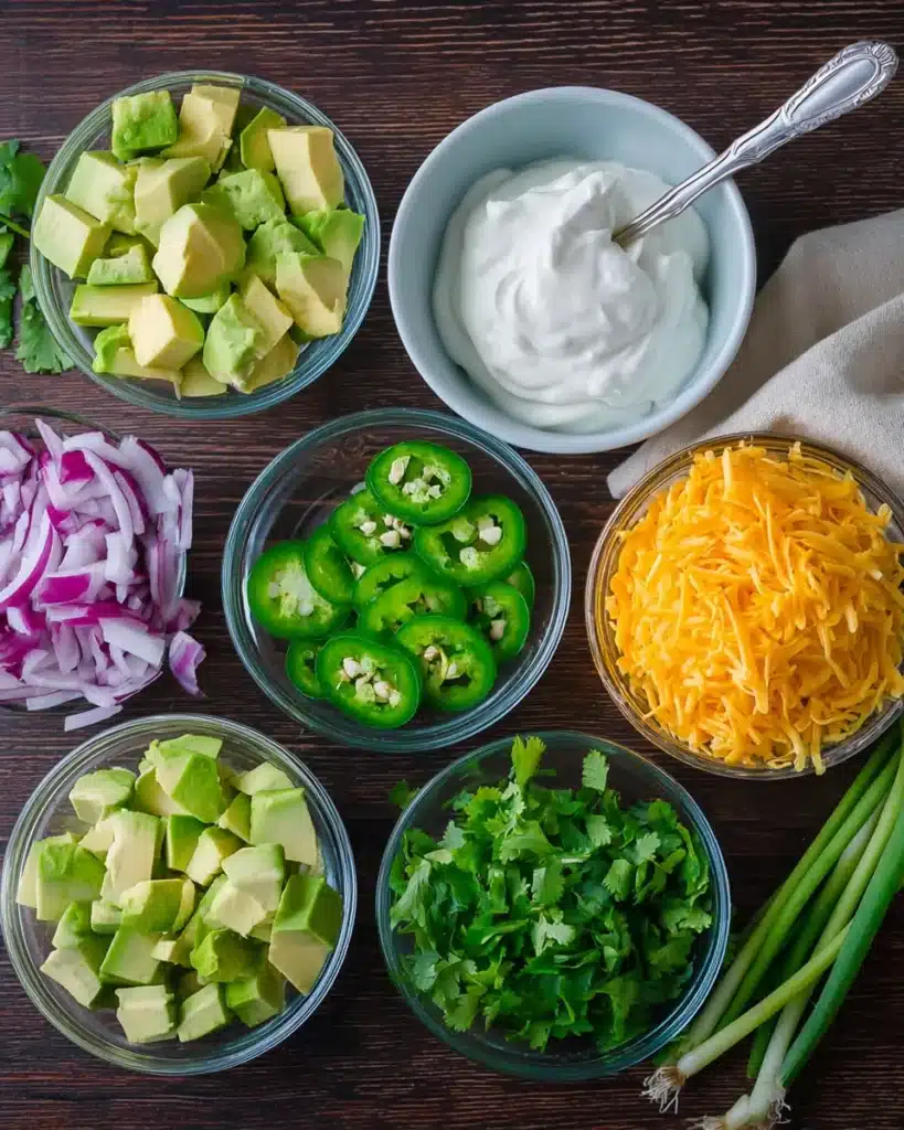 Chili toppings with avocado, cheese, sour cream, jalapeños, and onions