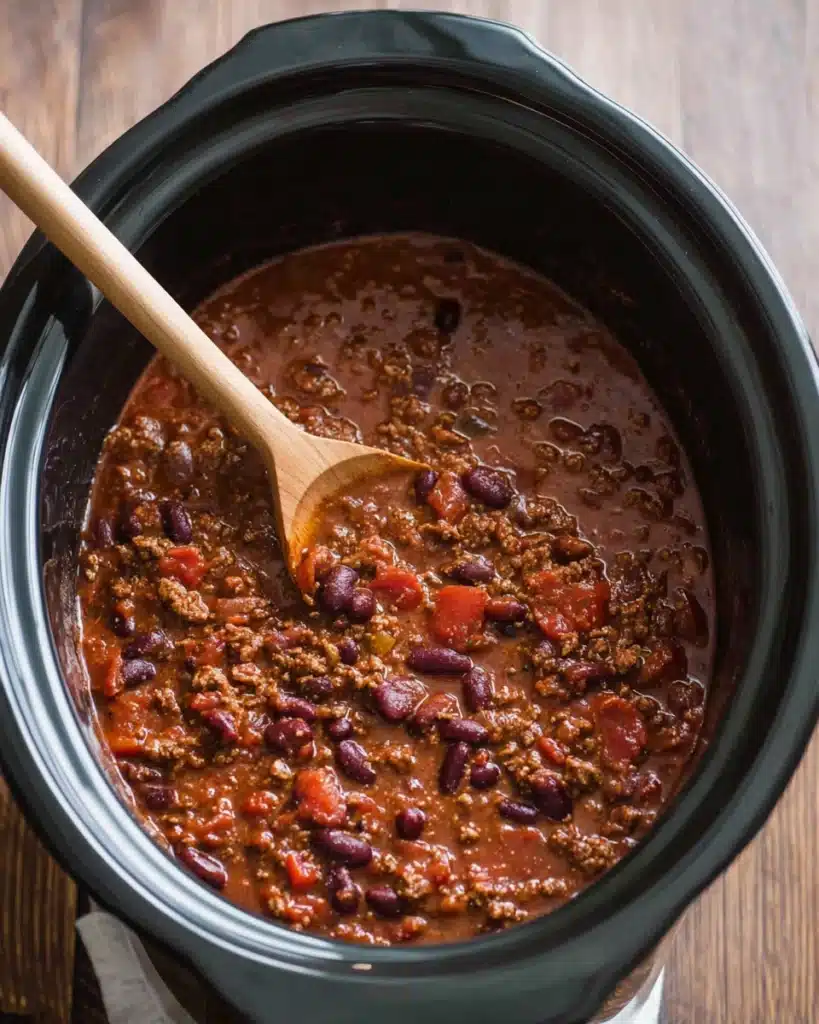 Slow cooker chili recipe with ground beef and beans in crockpot