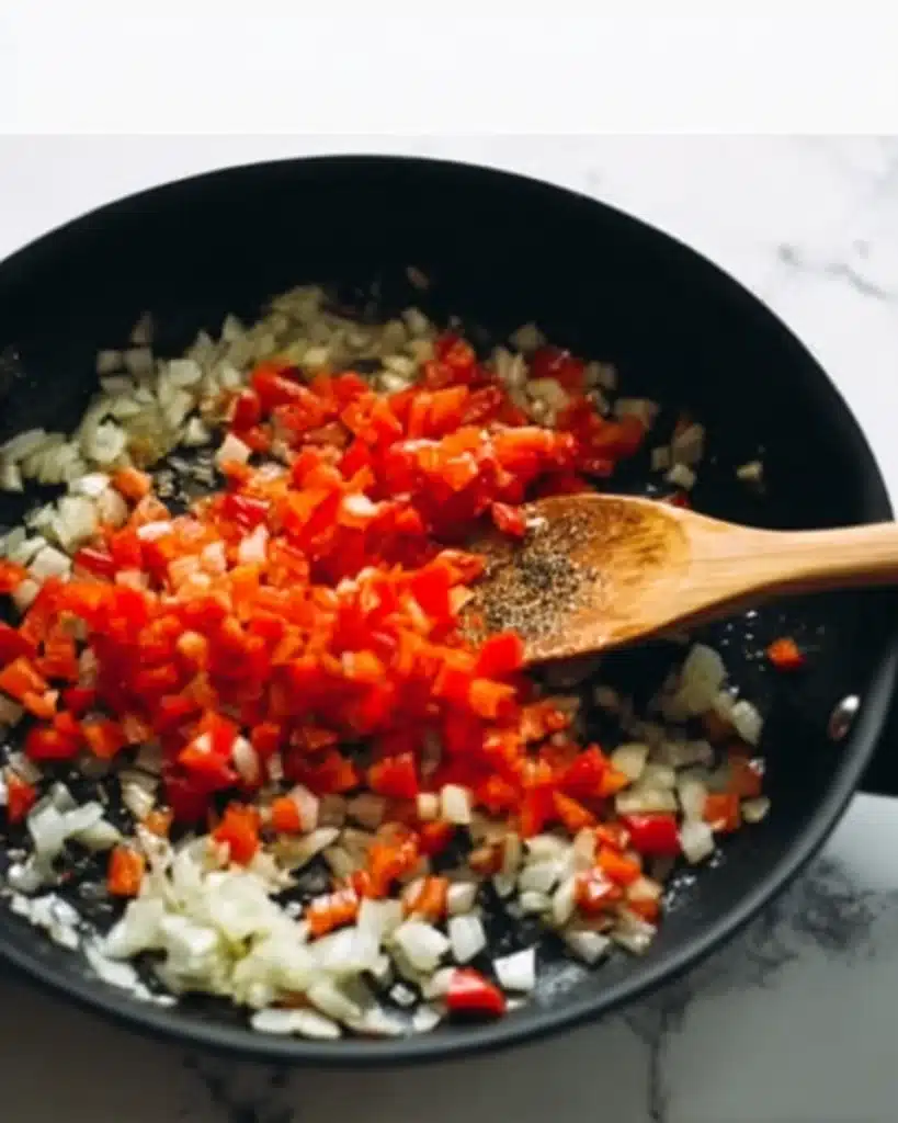 Sautéing onions and red peppers in a skillet for Mexican chicken soup