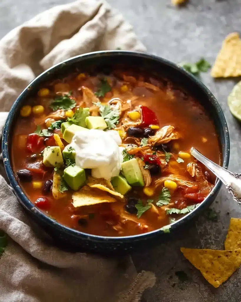 Bowl of slow cooker Mexican chicken soup with avocado, sour cream, and tortilla chips