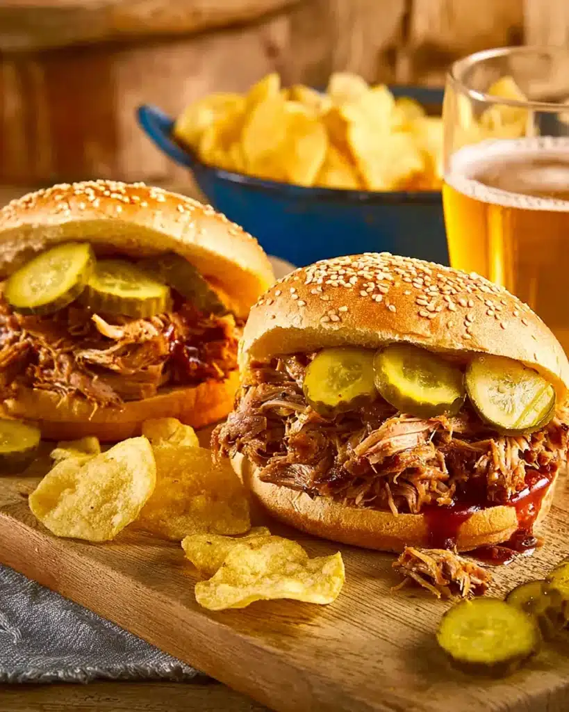 Slow Cooker Texas Pulled Pork 1 Texas pulled pork sandwiches with pickles and chips on wooden board