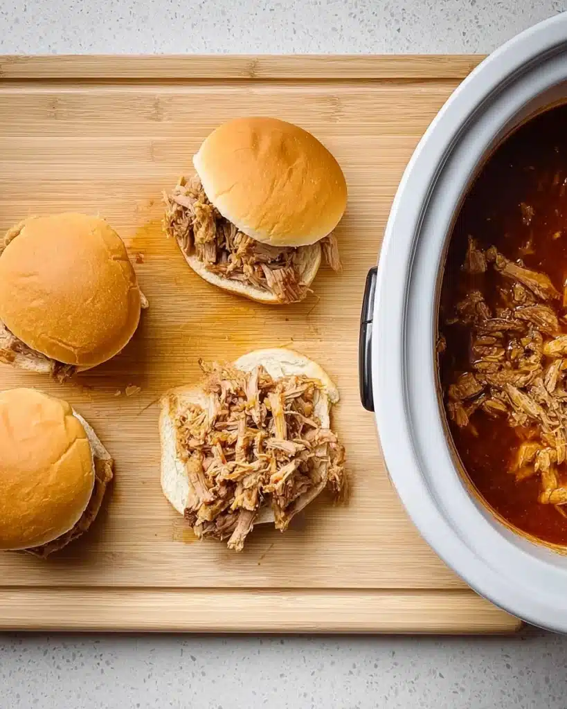 Slow Cooker Texas Pulled Pork 4 Pulled pork sandwiches on wooden board beside slow cooker of Texas pulled pork