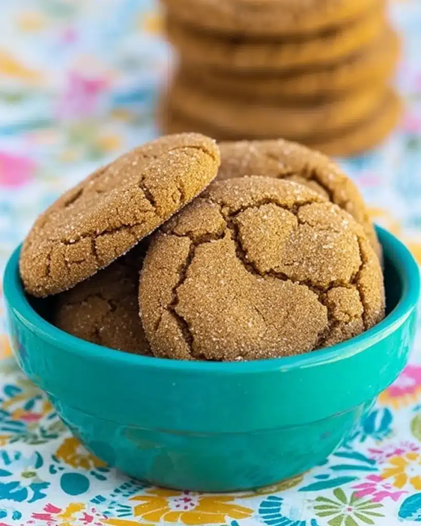 Soft Gingerbread Cookies 1 Soft gingerbread cookies in a ceramic bowl on patterned cloth