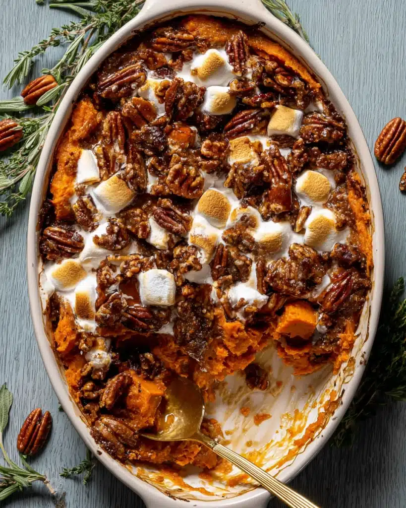 Southern Maple Sweet Potato Casserole 4 Partially served Southern Maple Sweet Potato Casserole with pecans and toasted marshmallows