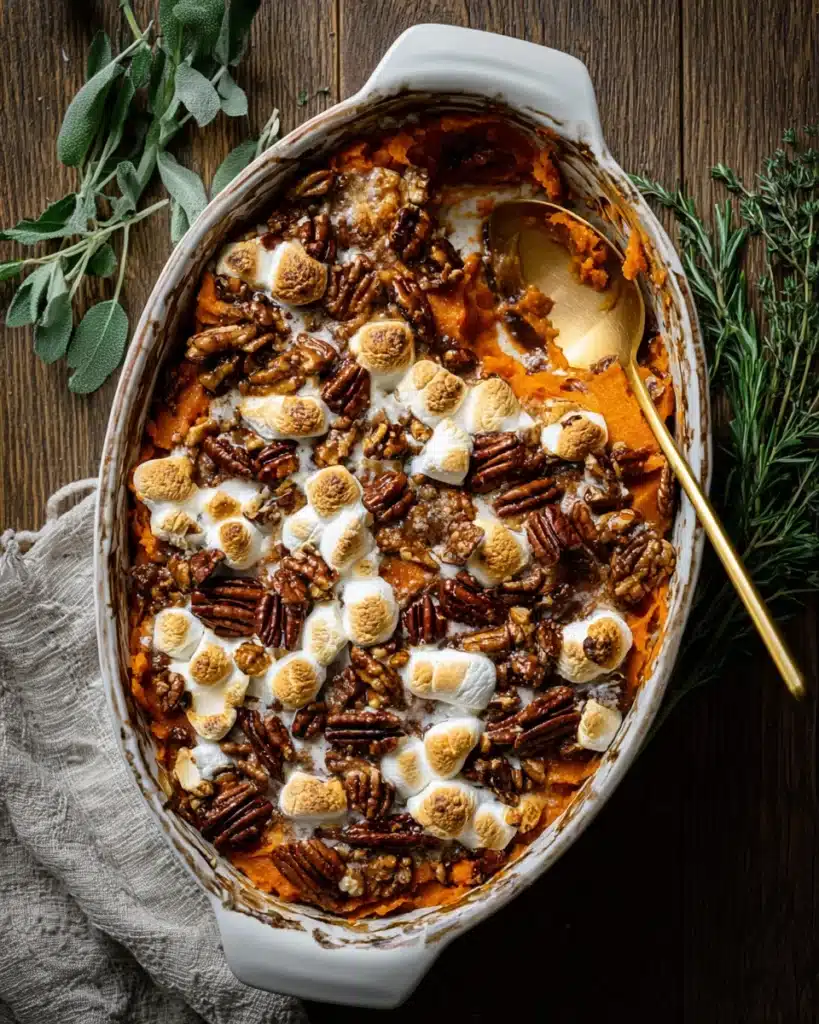 Southern Maple Sweet Potato Casserole 1 Southern Maple Sweet Potato Casserole with pecans and marshmallows in baking dish