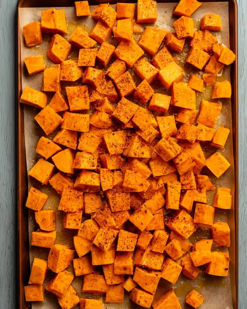 Southern Maple Sweet Potato Casserole 3 Cubed sweet potatoes with spices on baking sheet for casserole
