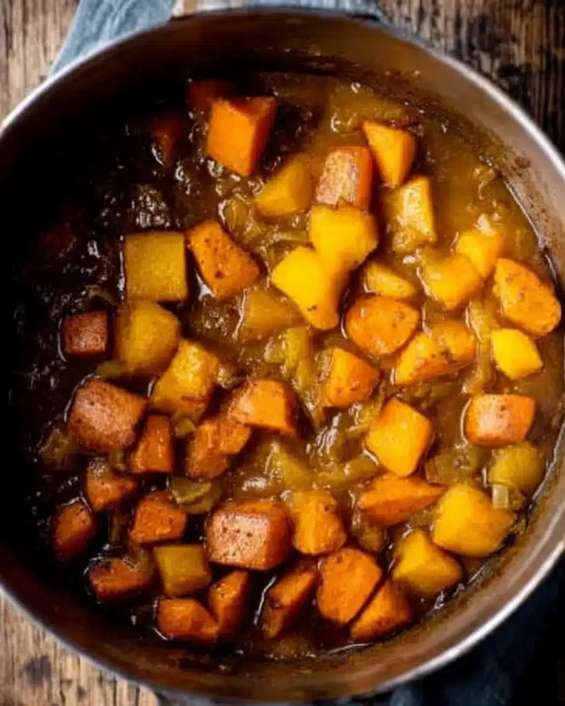 Simmering butternut squash and sweet potatoes in a golden spiced broth