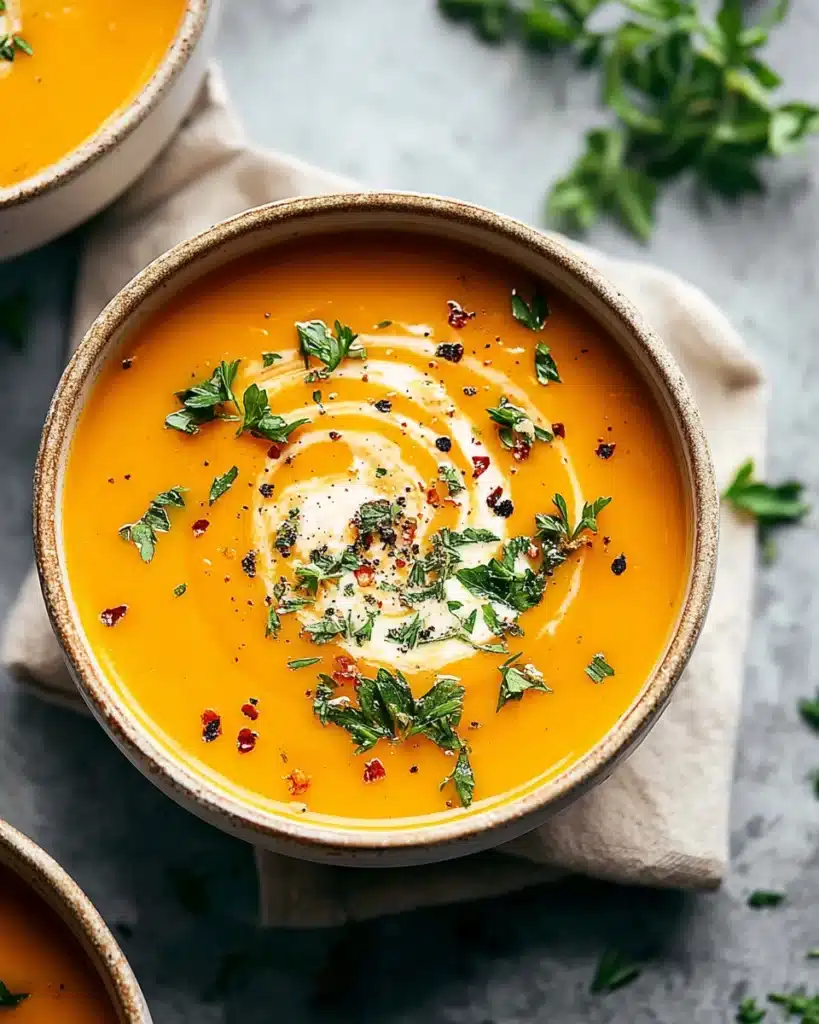 Creamy spicy butternut squash and sweet potato soup with herbs and coconut cream
