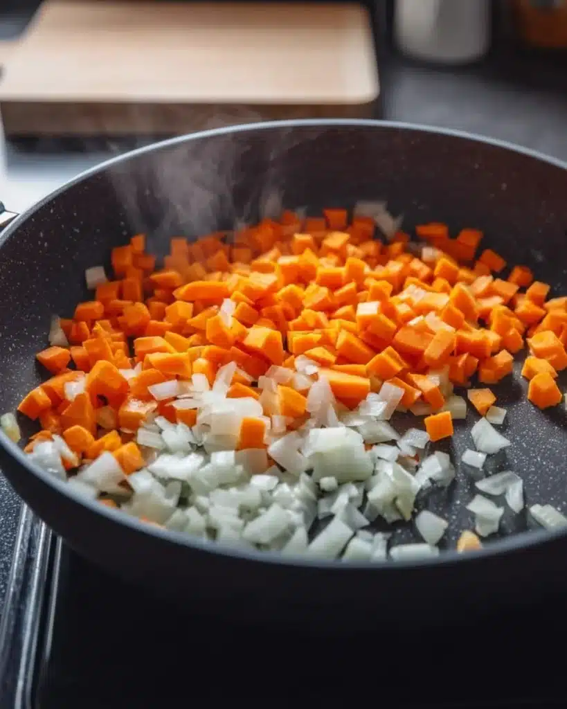 Chopped carrots and onions in a skillet for split pea soup