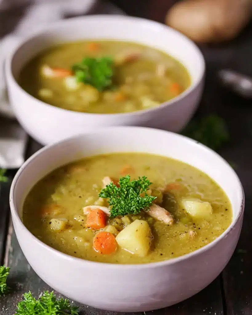Two bowls of split pea soup with chicken, carrots, and potatoes