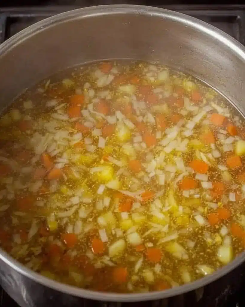Simmering split pea soup broth with carrots and onions in a pot