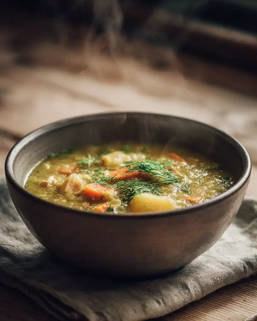 Hearty split pea soup with chicken, carrots, and dill in a rustic bowl