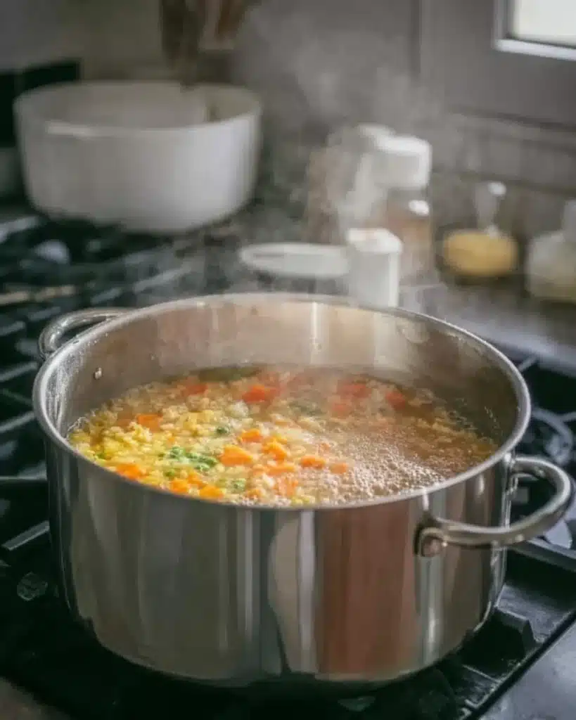 Simmering split pea soup with carrots in a stainless steel pot