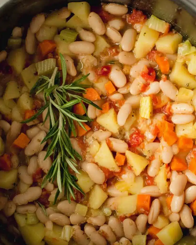 White beans, potatoes, carrots, and rosemary cooking in a pot for white bean soup