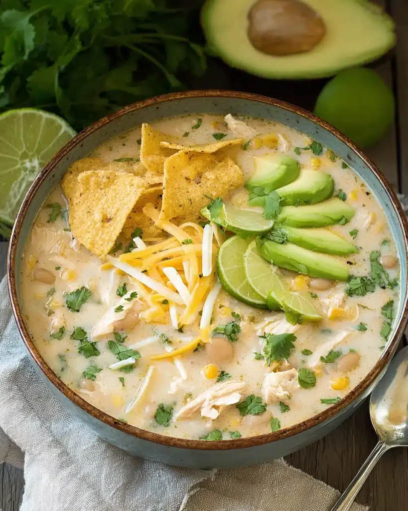 The Best White Chicken Chili (Creamy, Flavorful & Easy Recipe) 1 The Best White Chicken Chili
with avocado, cheese, and tortilla chips in a rustic bowl