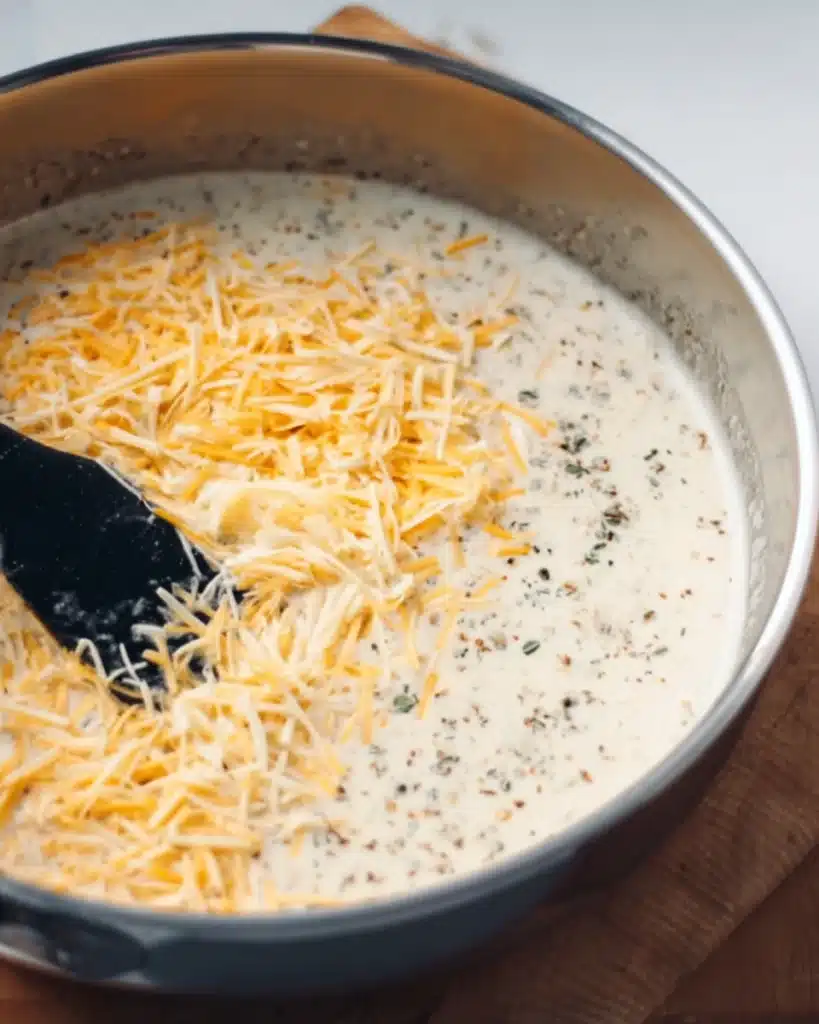 Melting shredded cheese into creamy Tuscan mac and cheese sauce