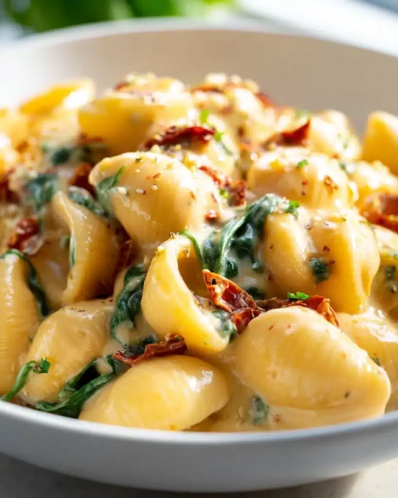 Creamy Tuscan mac and cheese with sun-dried tomatoes and spinach in a white bowl