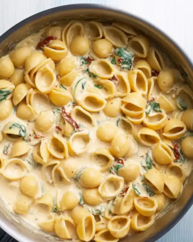 Cooked pasta shells added to creamy Tuscan mac and cheese sauce
