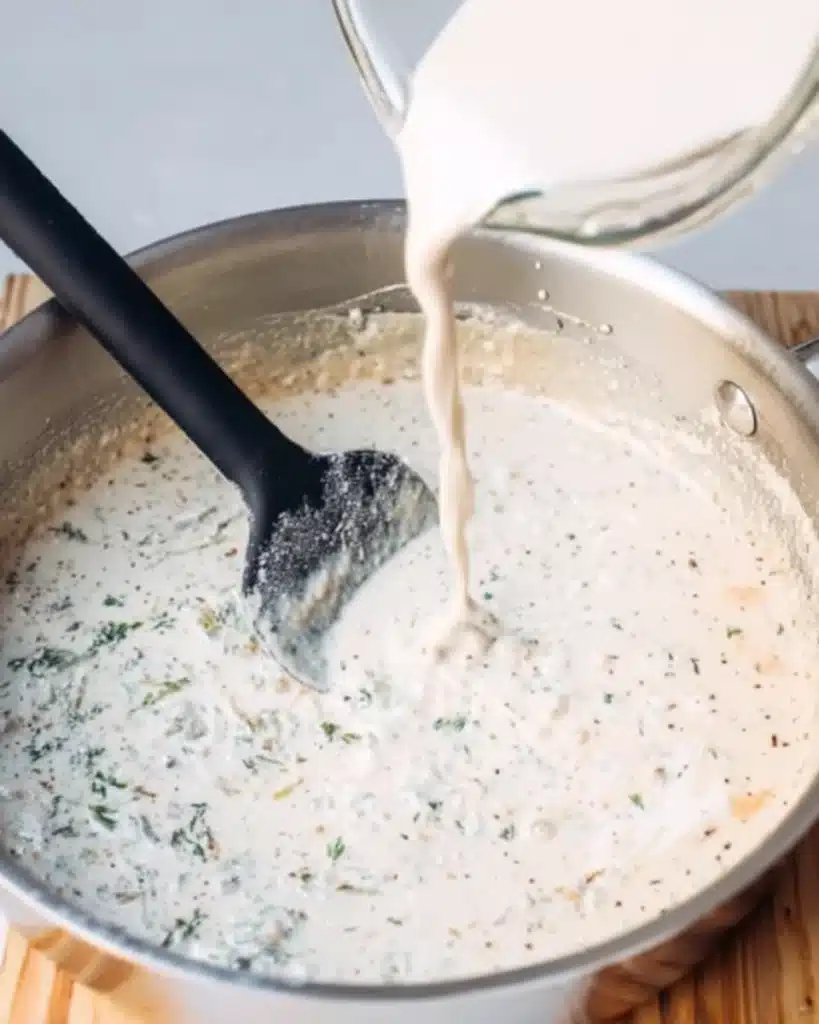 Pouring milk and spices into creamy Tuscan mac and cheese sauce