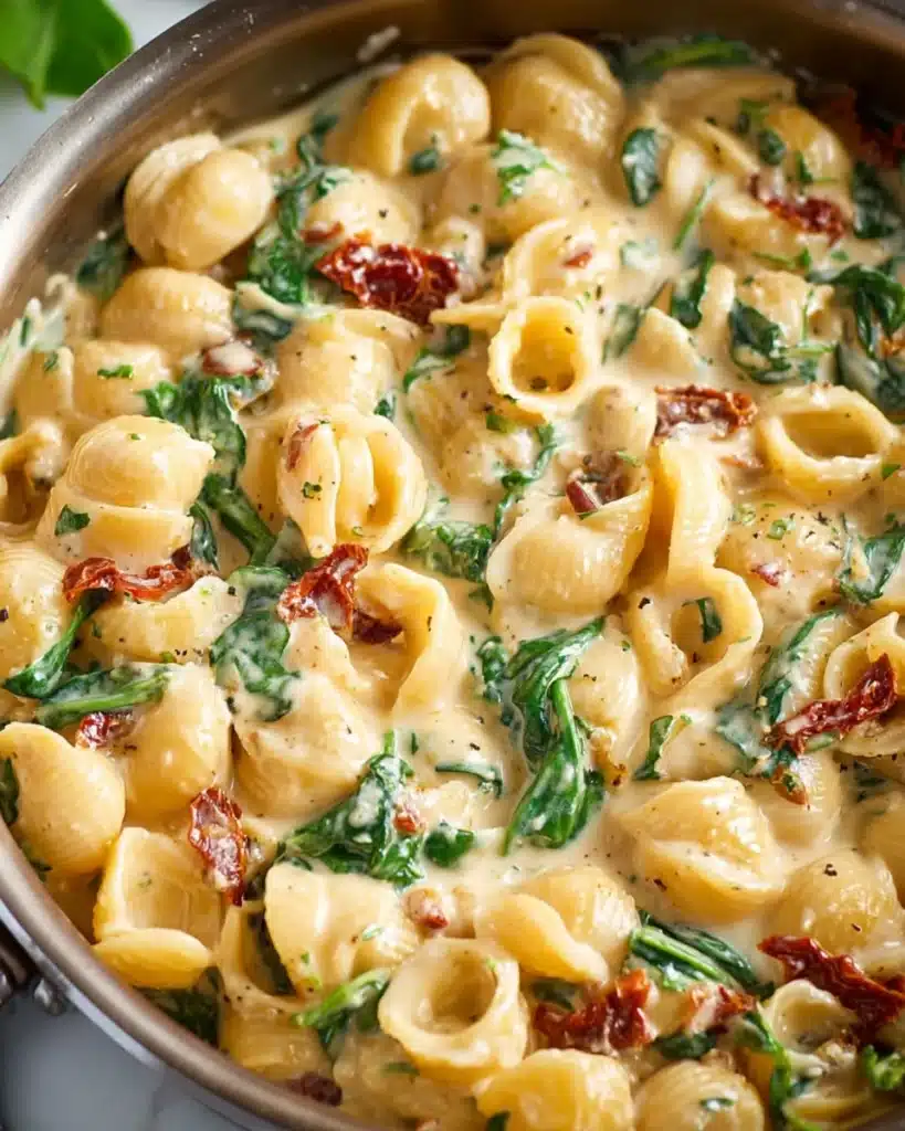 Creamy Tuscan mac and cheese with spinach and sun-dried tomatoes in skillet