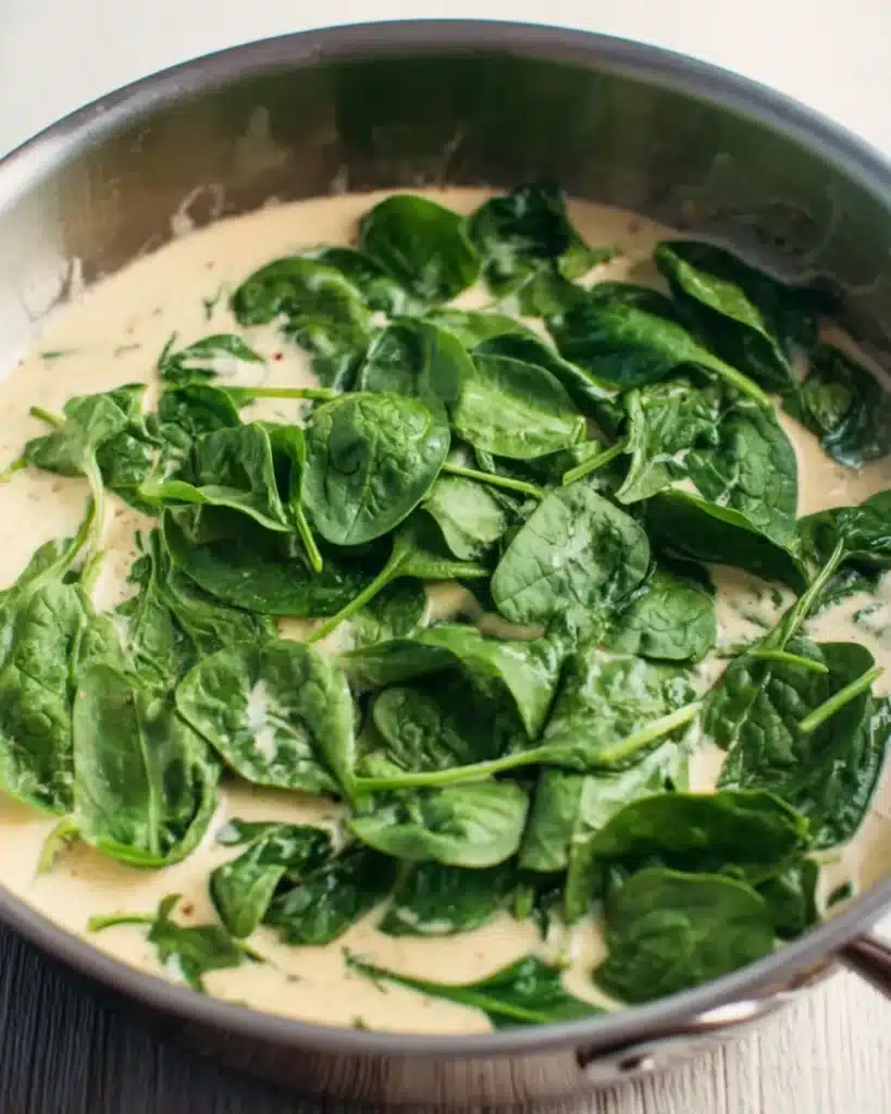 Fresh spinach added to creamy Tuscan mac and cheese sauce