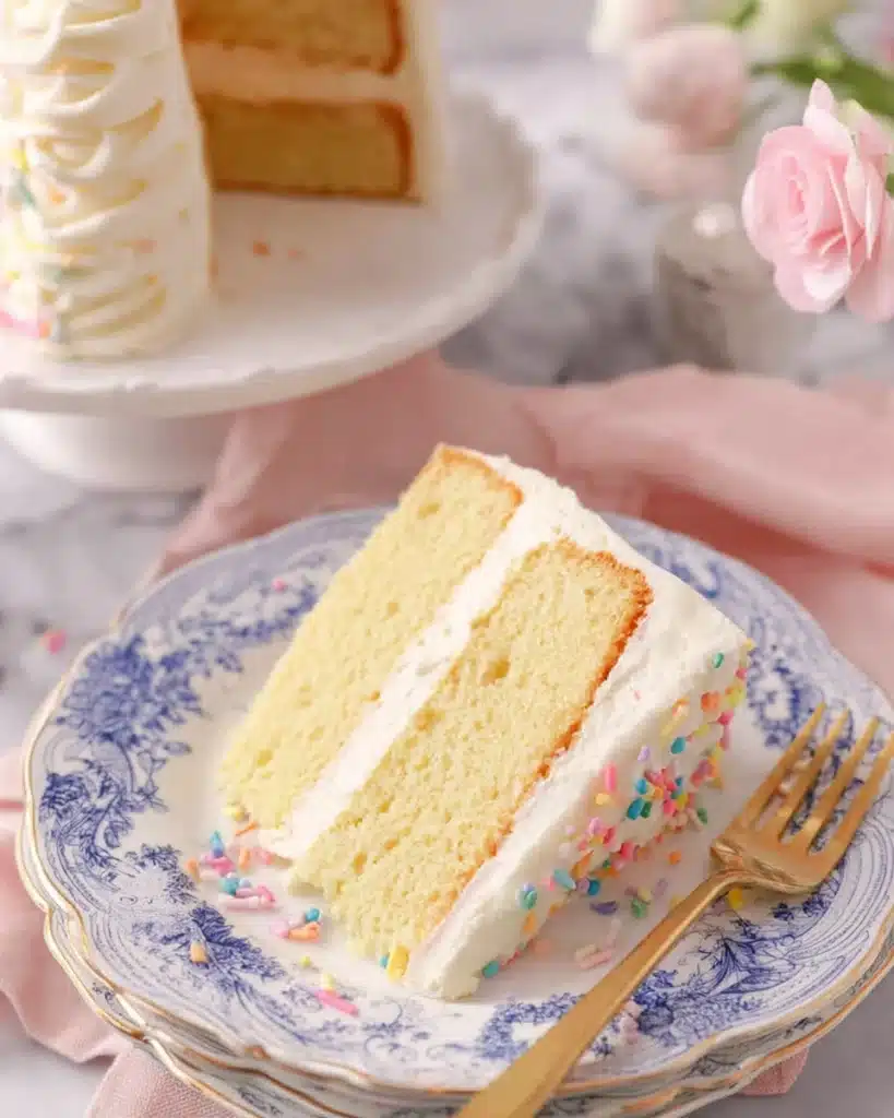 Vanilla Cake Recipe
with maple syrup and blueberries on a rustic plate
